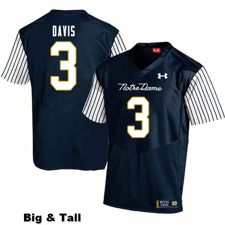 Men's NCAA Notre Dame Fighting Irish #3 Avery Davis Stitched College Under Armour Authentic Navy Big & Tall Alternate Football Jersey VX10Y72EG